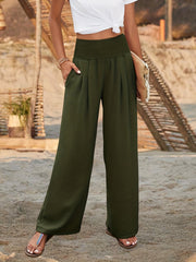 Smocked Waist Wide Leg Pants Casual Loose Pants