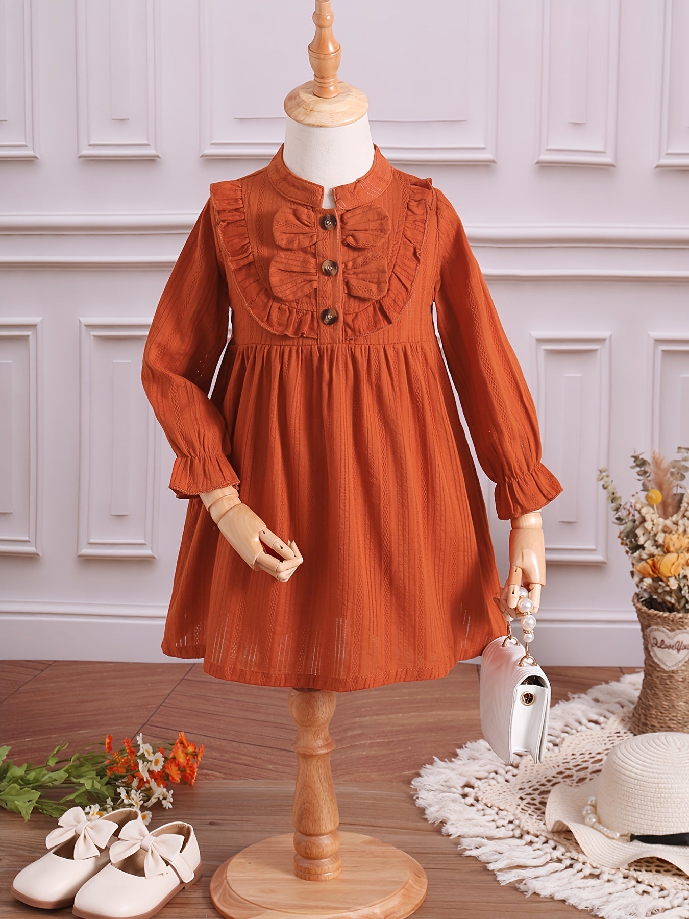 Girls Solid Ruffle Long Sleeve Shirred Dress