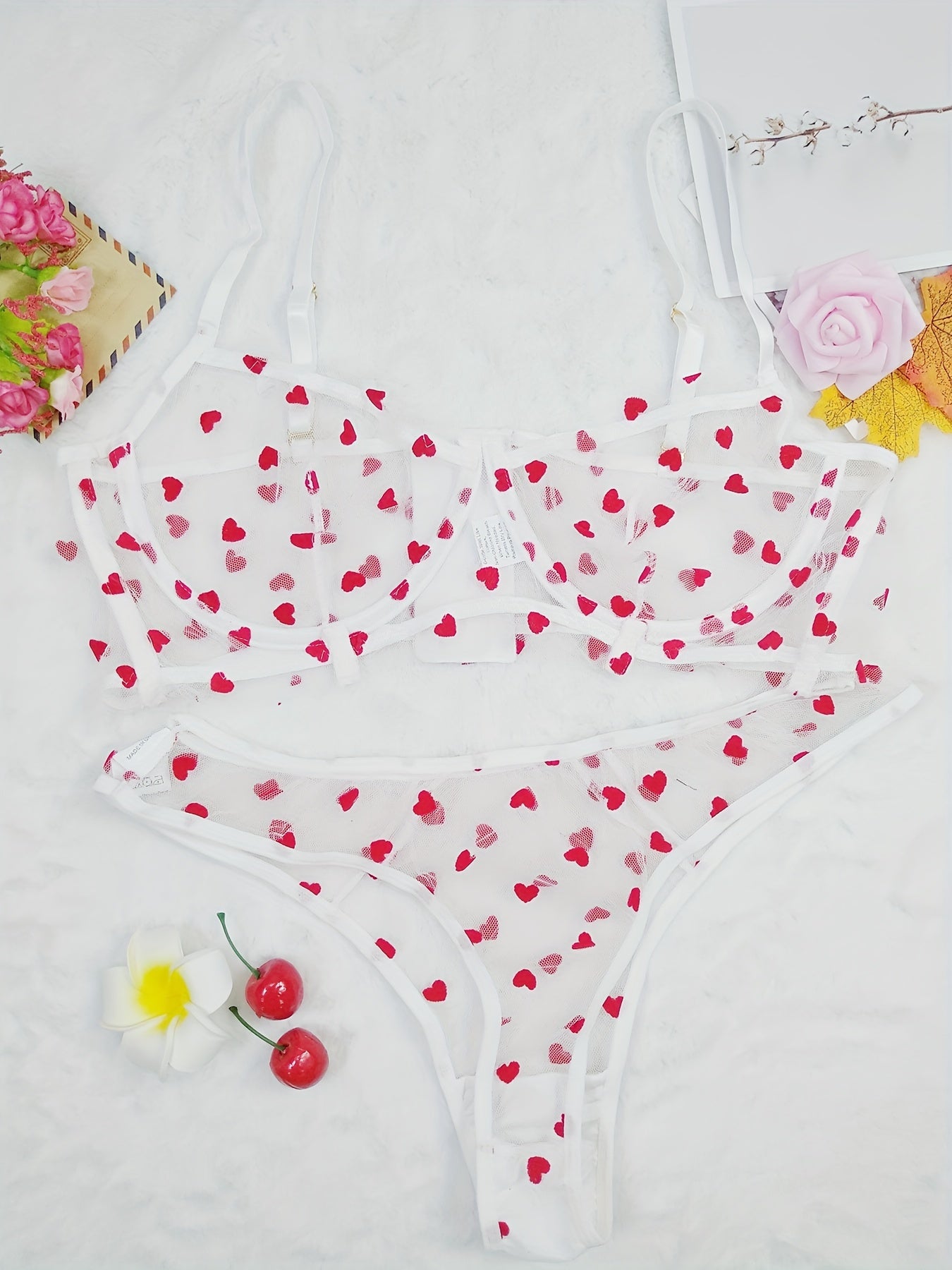 Sexy Heart Print Mesh Bra & Panty Lingerie Set