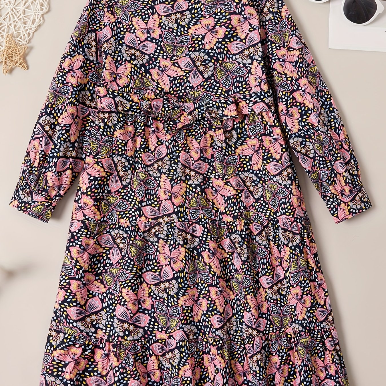Girl's Butterfly Allover Graphic Long Sleeve Dress For Party