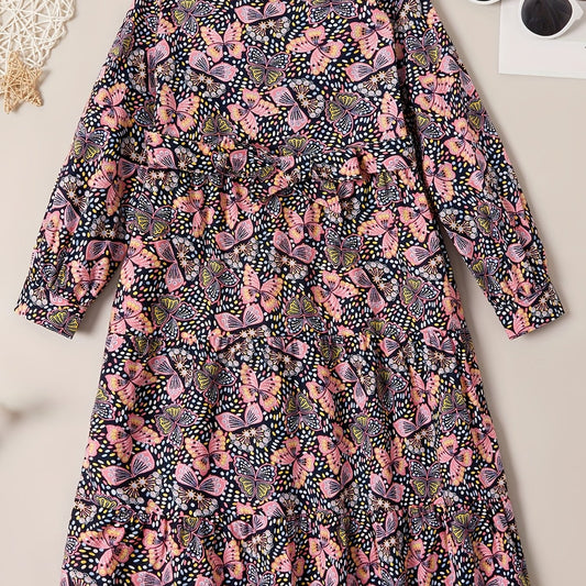 Girl's Butterfly Allover Graphic Long Sleeve Dress For Party