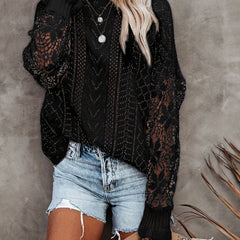 Lace Eyelet Knit Sweater Crew Neck Long Sleeve Women's Clothing
