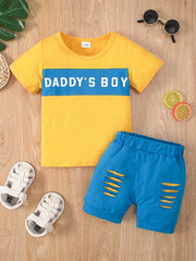 Cotton DADDY' BOY Block Tee Top Ripped Shorts Set