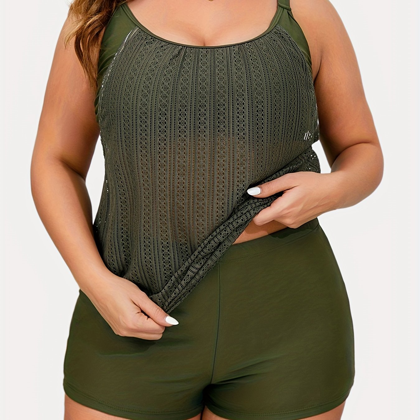 Modest Tankini Set Women's Solid Round Neck Cami Top & Shorts Swimsuit