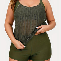 Modest Tankini Set Women's Solid Round Neck Cami Top & Shorts Swimsuit