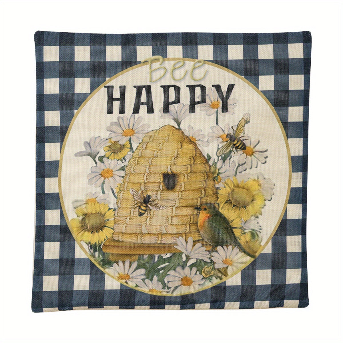 Square Linen Cushion Cover 18''x18'' Spring Summer Bee Pillow Cover