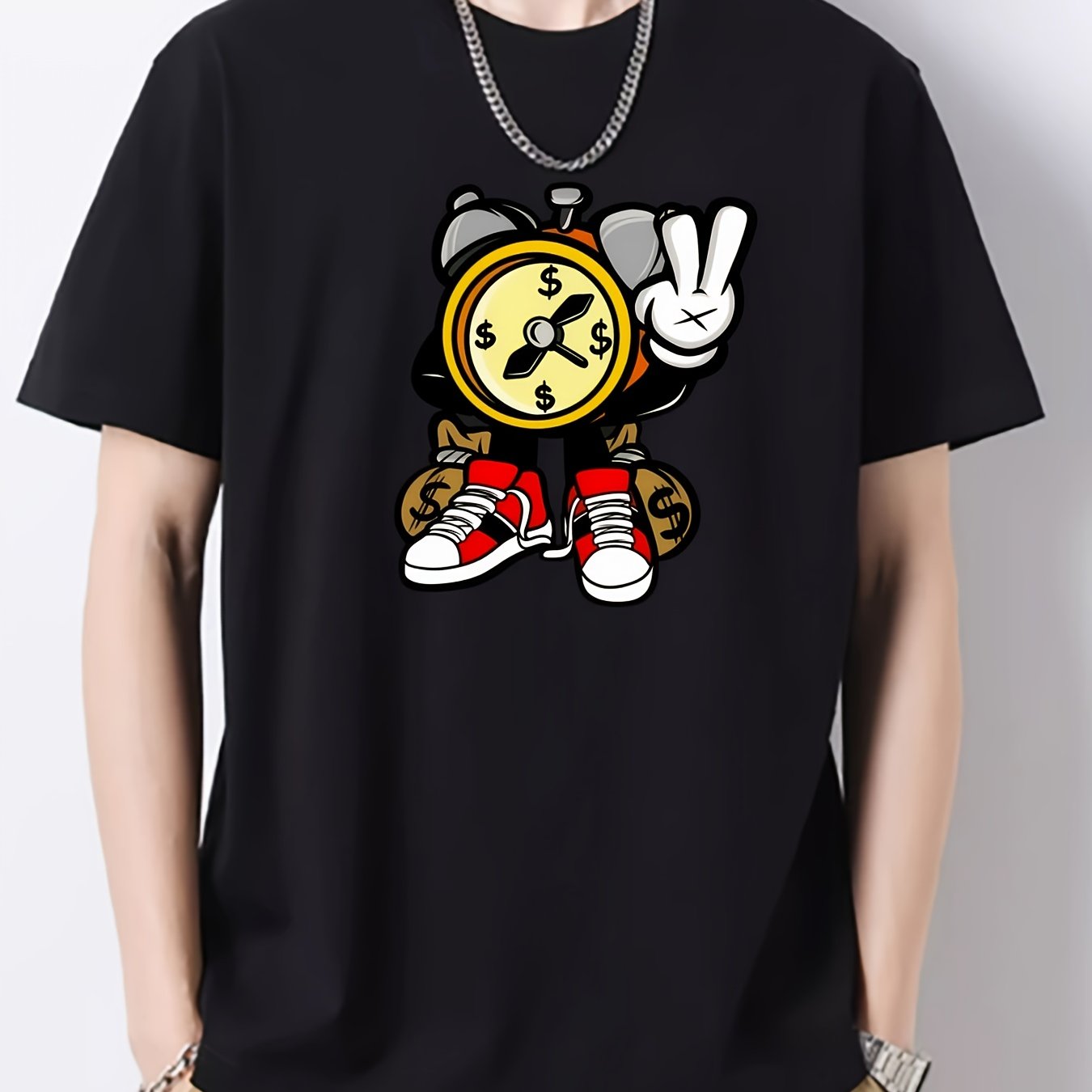 Cartoon Clock Print Men's Graphic Cotton Crew Neck T shirt