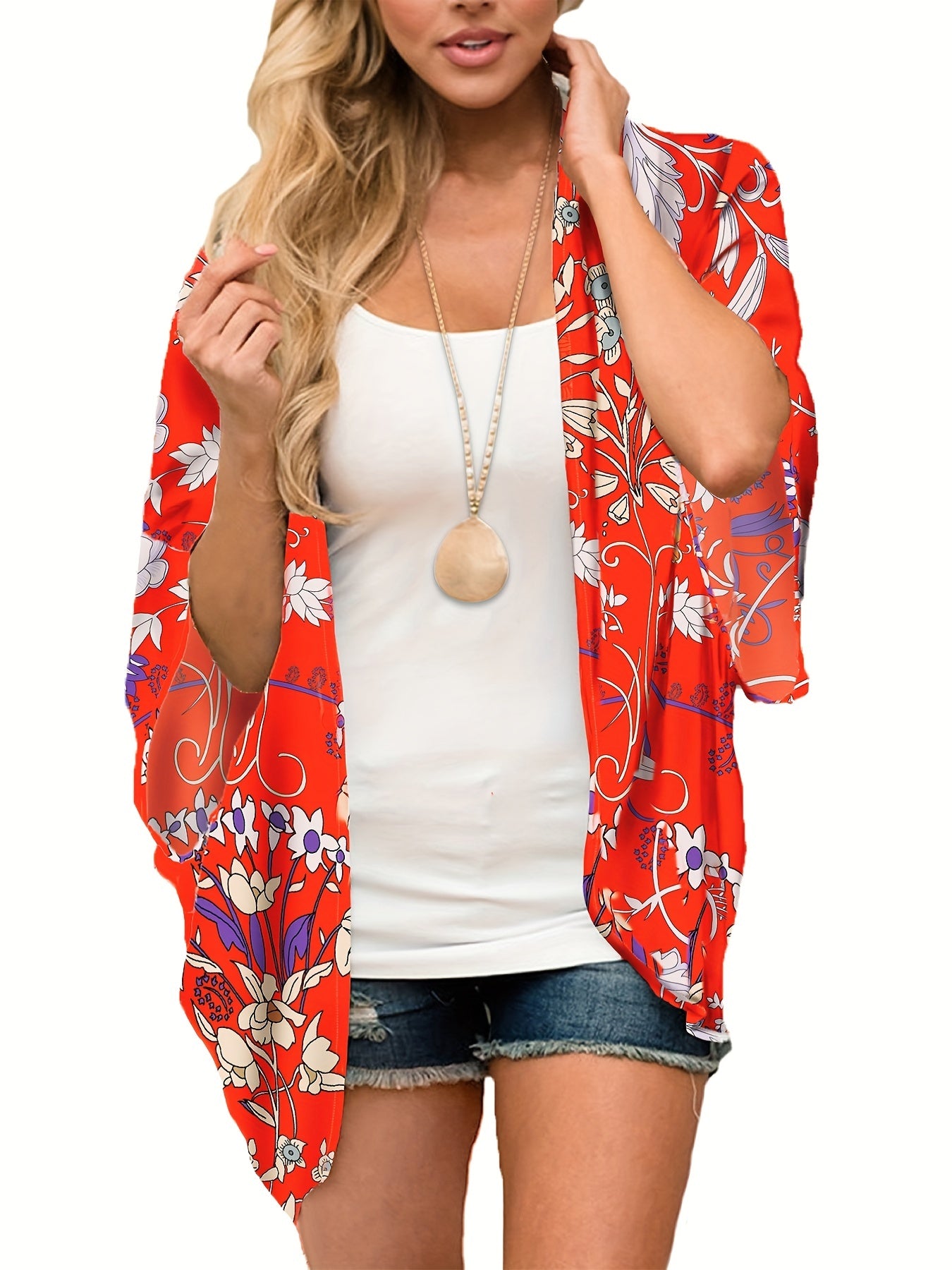 V Neck Print Cover Up Shirt Loose Fit Long Sleeves Women's Beachwear