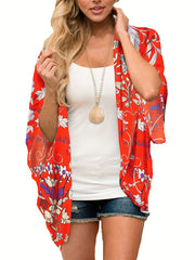 V Neck Print Cover Up Shirt Loose Fit Long Sleeves Women's Beachwear
