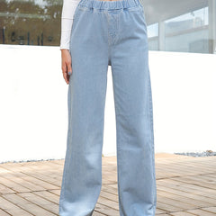 Wide Legs Straight Jeans Elastic Waist Loose Fit Denim Pants