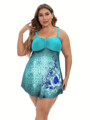 Floral Paisley Print Scoop Neck Ruched Front Swimsuit Set