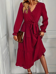 Tiered Surplice Neck Dress Long Sleeve Midi Dress Women's Clothing