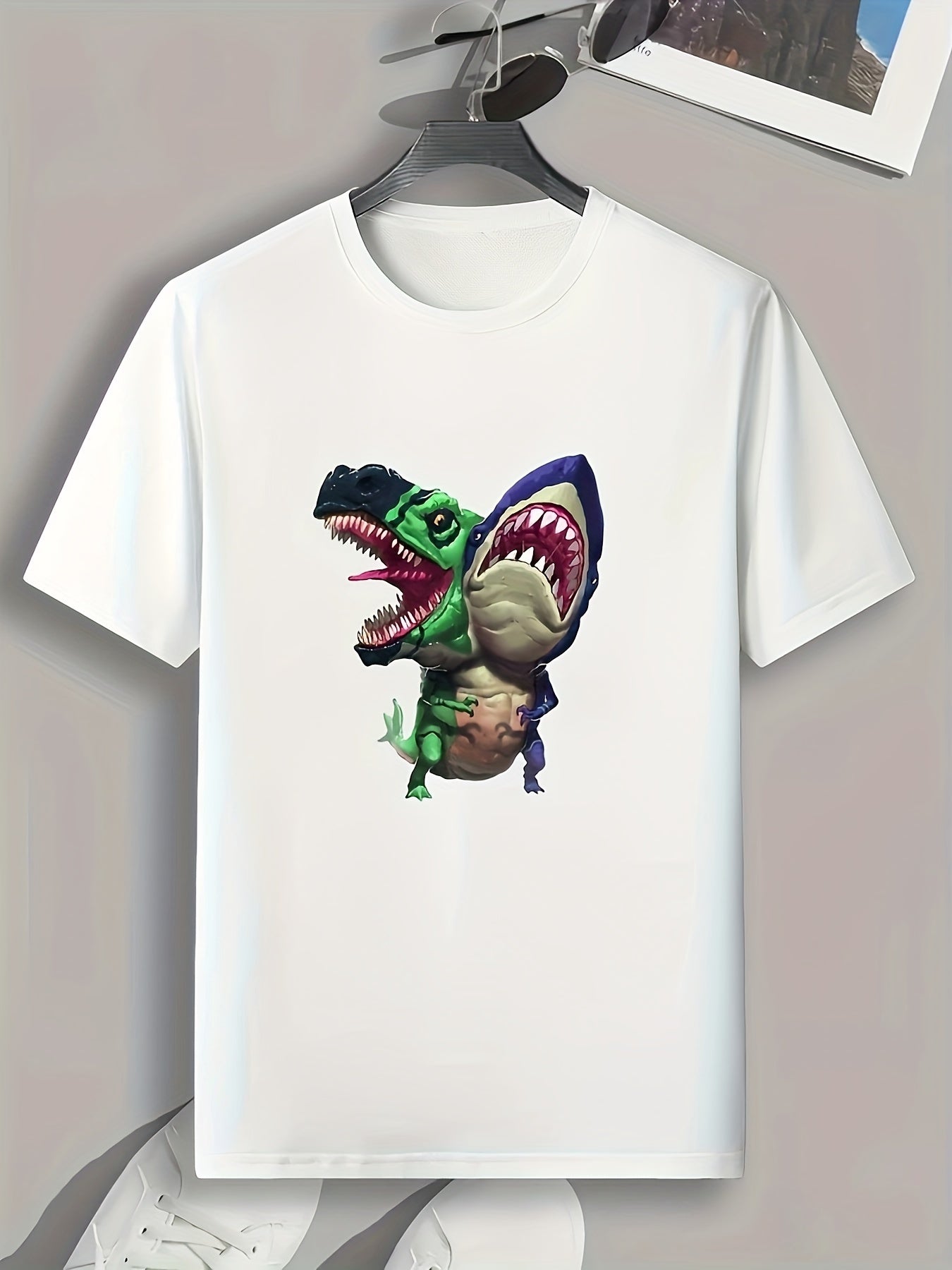 Dino & Shark Print Men's Graphic Tee Summer Casual T-shirt