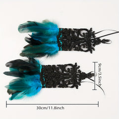 Gothic Rhinestone Feather Gloves Lace Cuff Wristband Cosplay Wedding Halloween