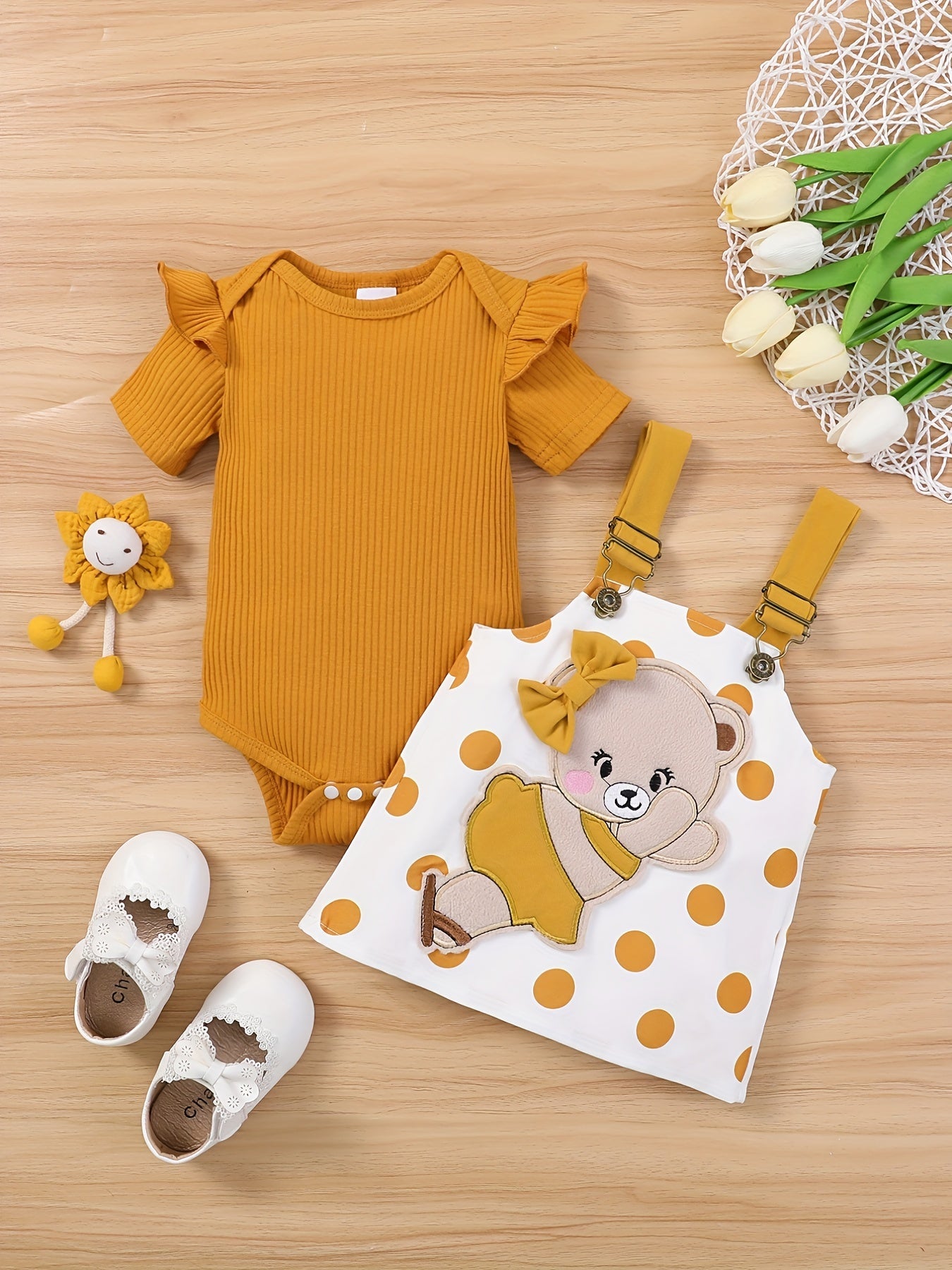 Baby Girls Flutter Sleeve Onesie Romper & Suspender Dress Set