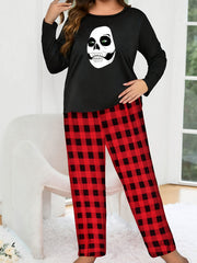 Gothic Pajama Set Women's Skull Print Long Sleeve Tee & Plaid Pants