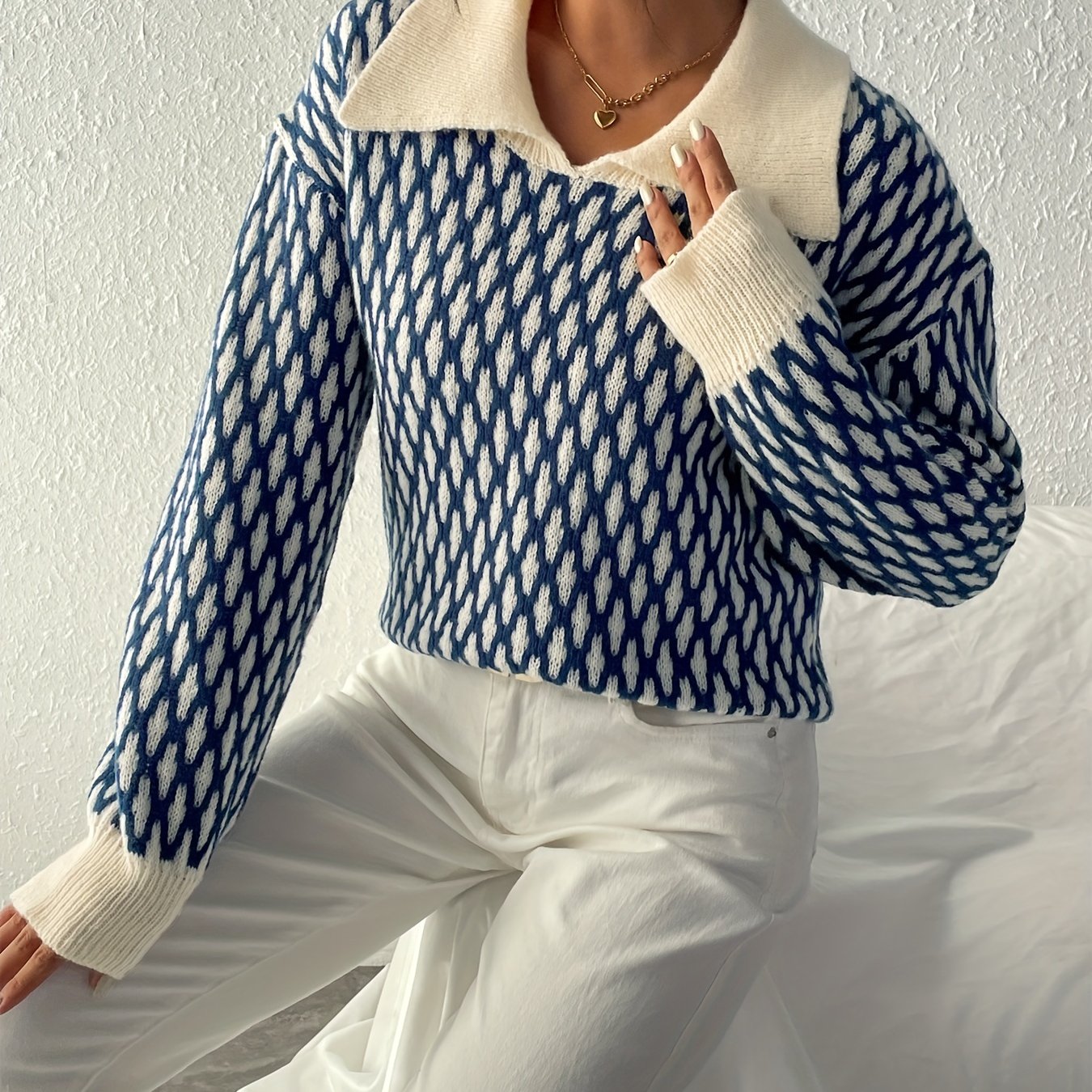 Allover Pattern Flat Collar Pullover Sweater Women's Clothing