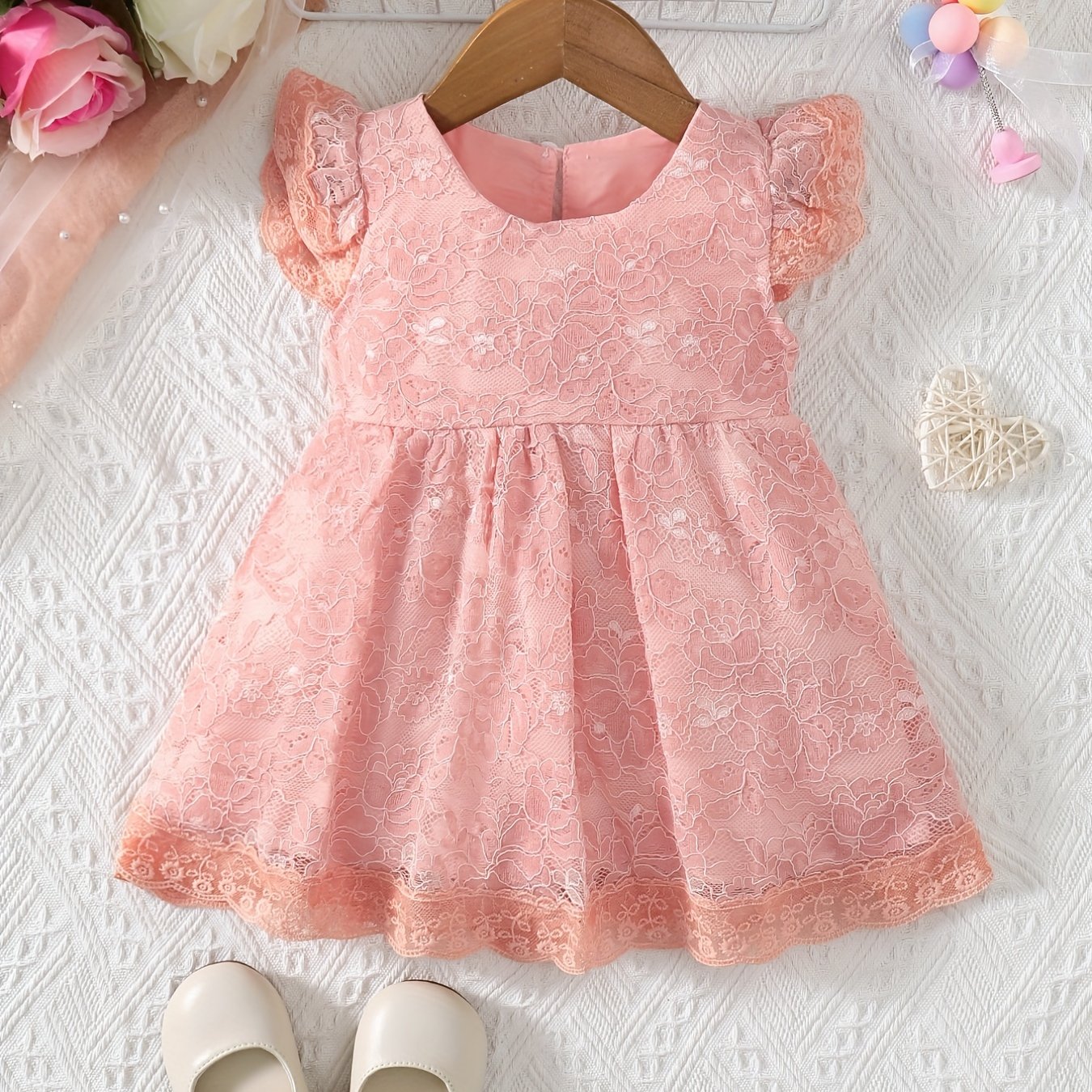 Baby Girl Lace Decor Floral Flutter Sleeve A line Princess Dress
