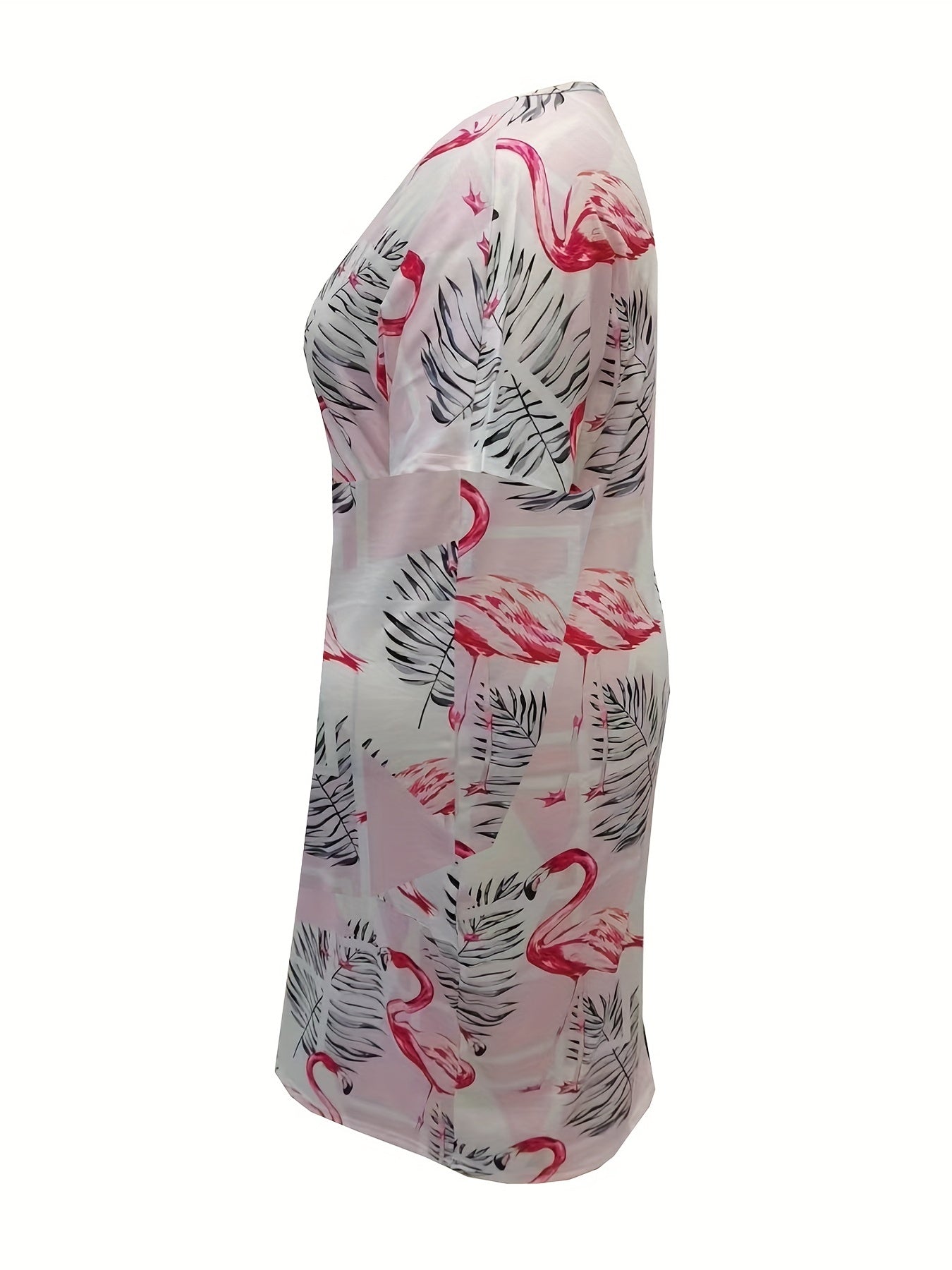 Women's Plus Flamingo & Leaf Print V Neck Dress With Pockets