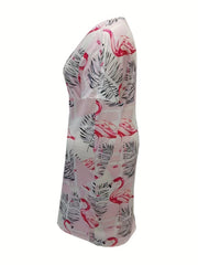 Women's Plus Flamingo & Leaf Print V Neck Dress With Pockets