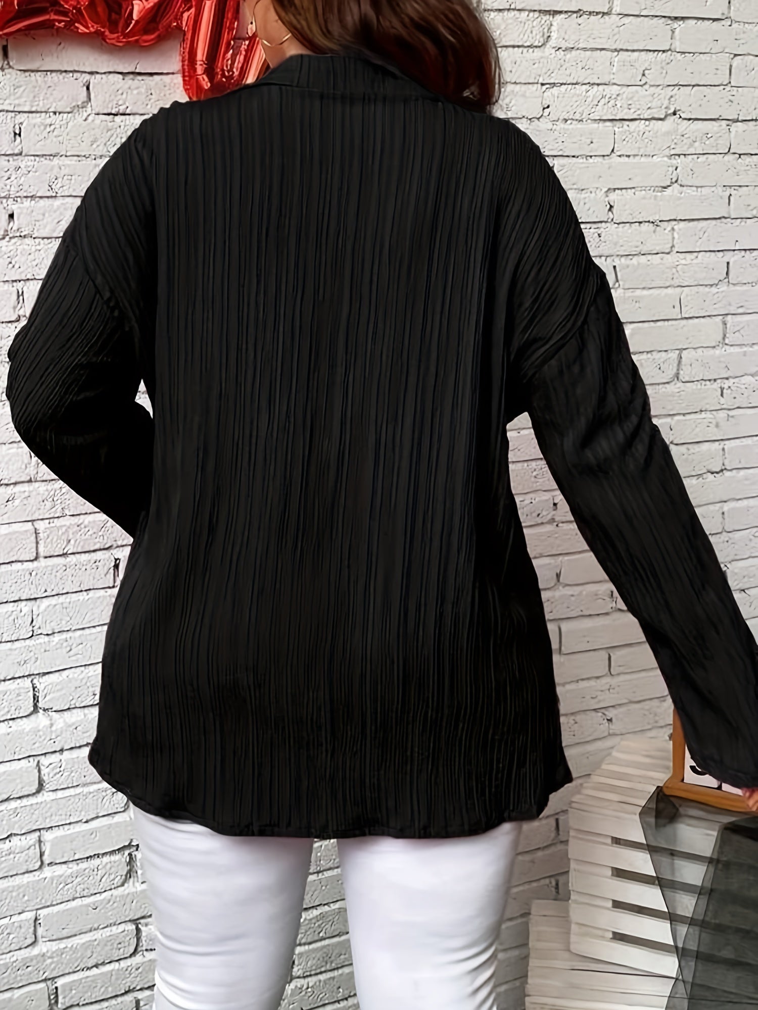 Women's Plus Solid Ribbed Button Up Long Sleeve Casual Blouse
