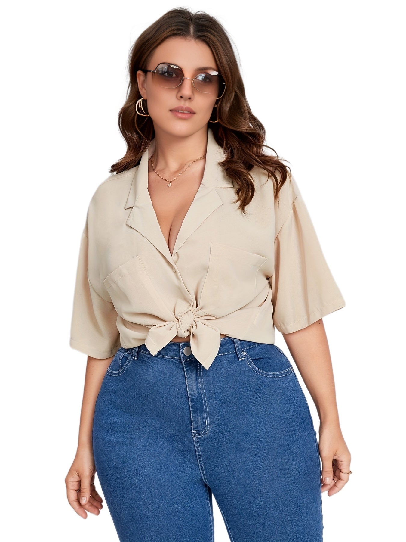 Solid Button Up Short Sleeve Blouse