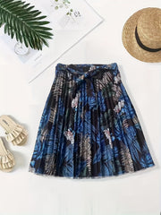 Floral Print Pleated Tie Waist Skirt for Women