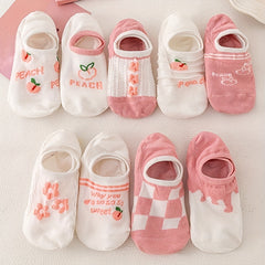 Peach & Floral Print Ankle Socks Women's Stockings