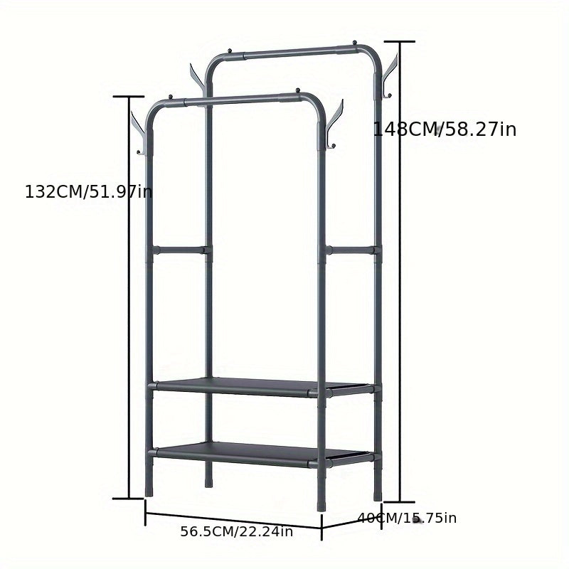 Double Rod Clothes Drying Rack With Hooks Standing Garment Clothes Rack