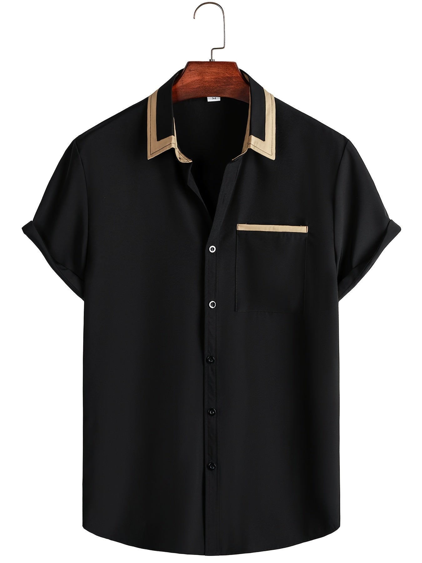 Men's Short Sleeve Button Up Shirt, Chest Pocket, Contrast Lapel