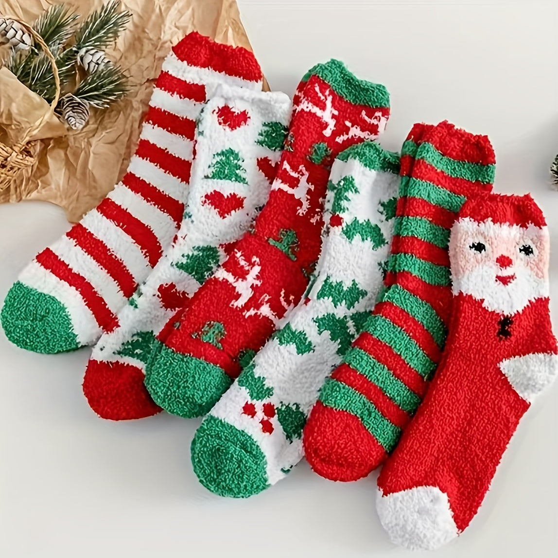 6 Pairs Christmas Fuzzy Socks Winter Warm Cartoon Socks Gift Stockings