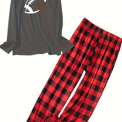 Sporty Lounge Set Women's Plus Rugby Print Tee & Plaid Pants