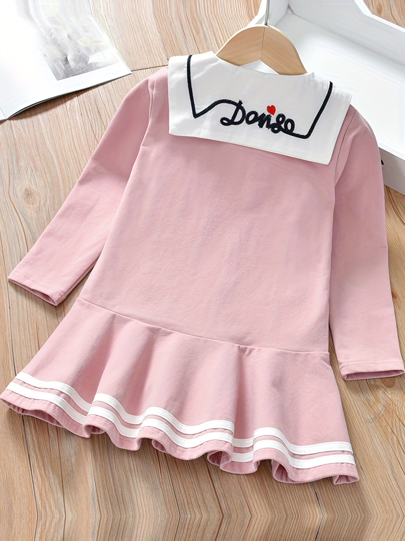 Girls' Preppy Skater Dress with Heart Embroidery