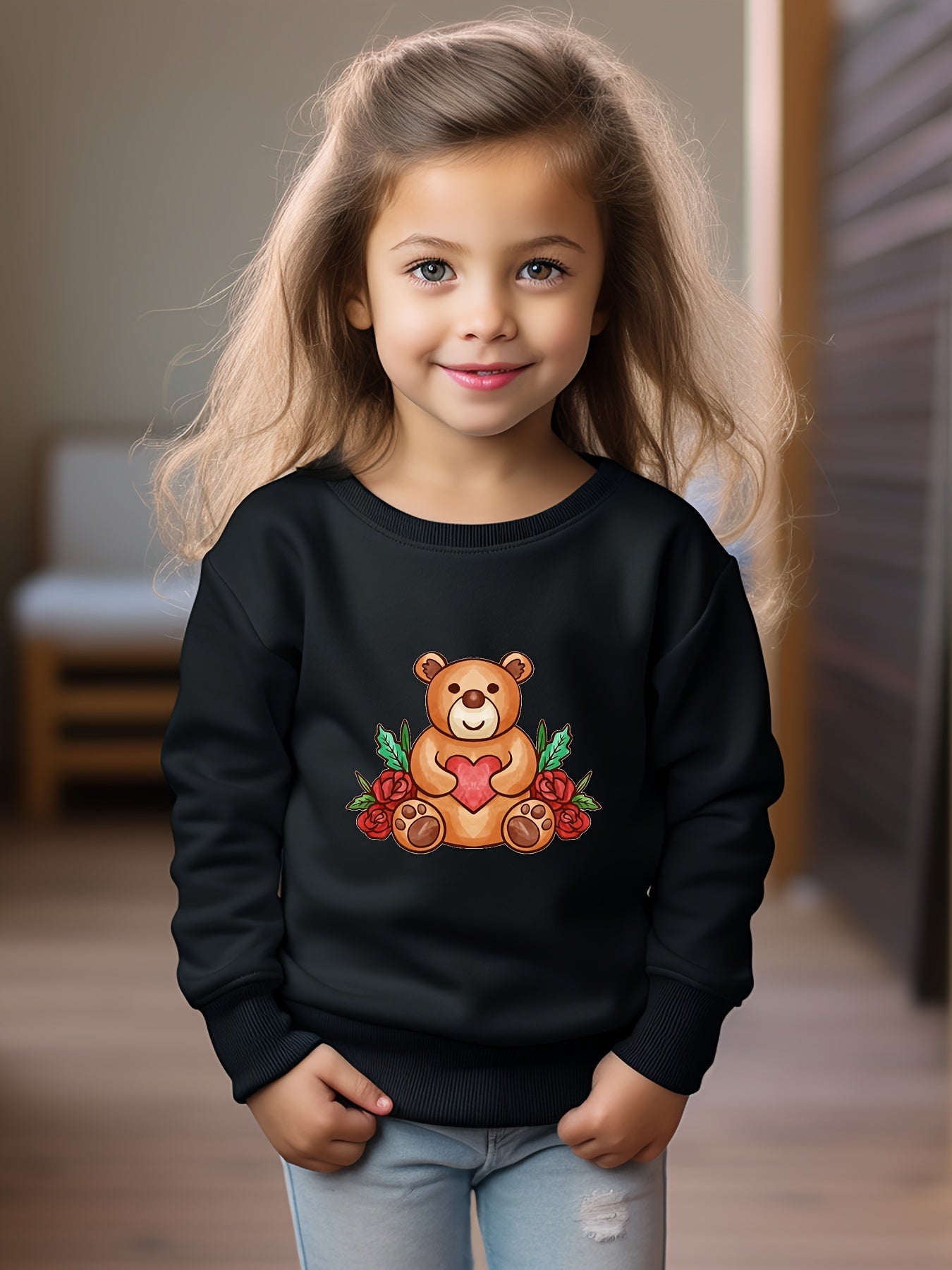 Cartoon Bear Print Girls Casual Pullover Sweatshirt Long Sleeve Tops