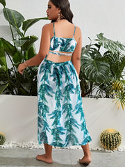Vacay Bikini Set Tropical Print Ruffle Trim Cross Halter 3 Piece Set