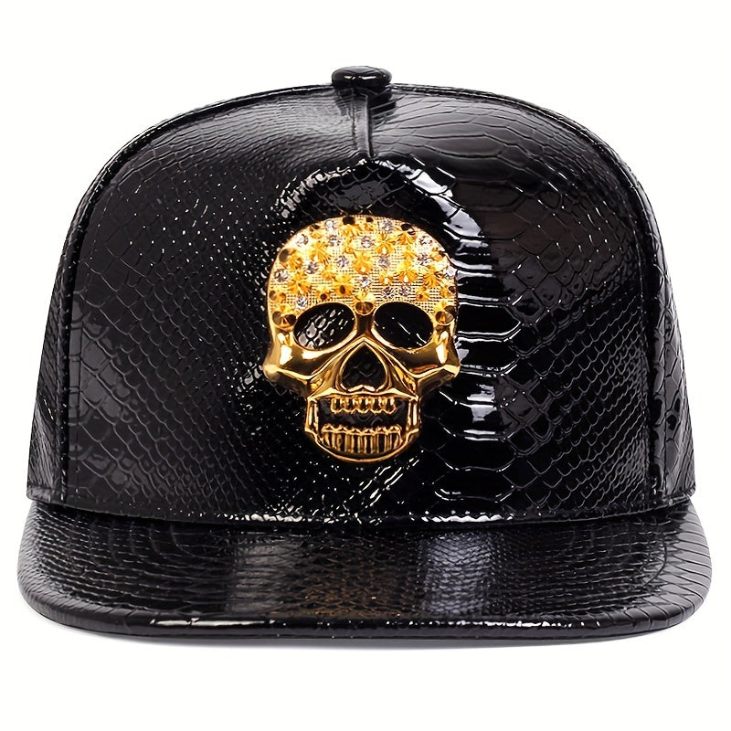 Skull Head Y2K Baseball Cap Bright PU Leather Snapback Hats Hip Hop Goth Dad Hat