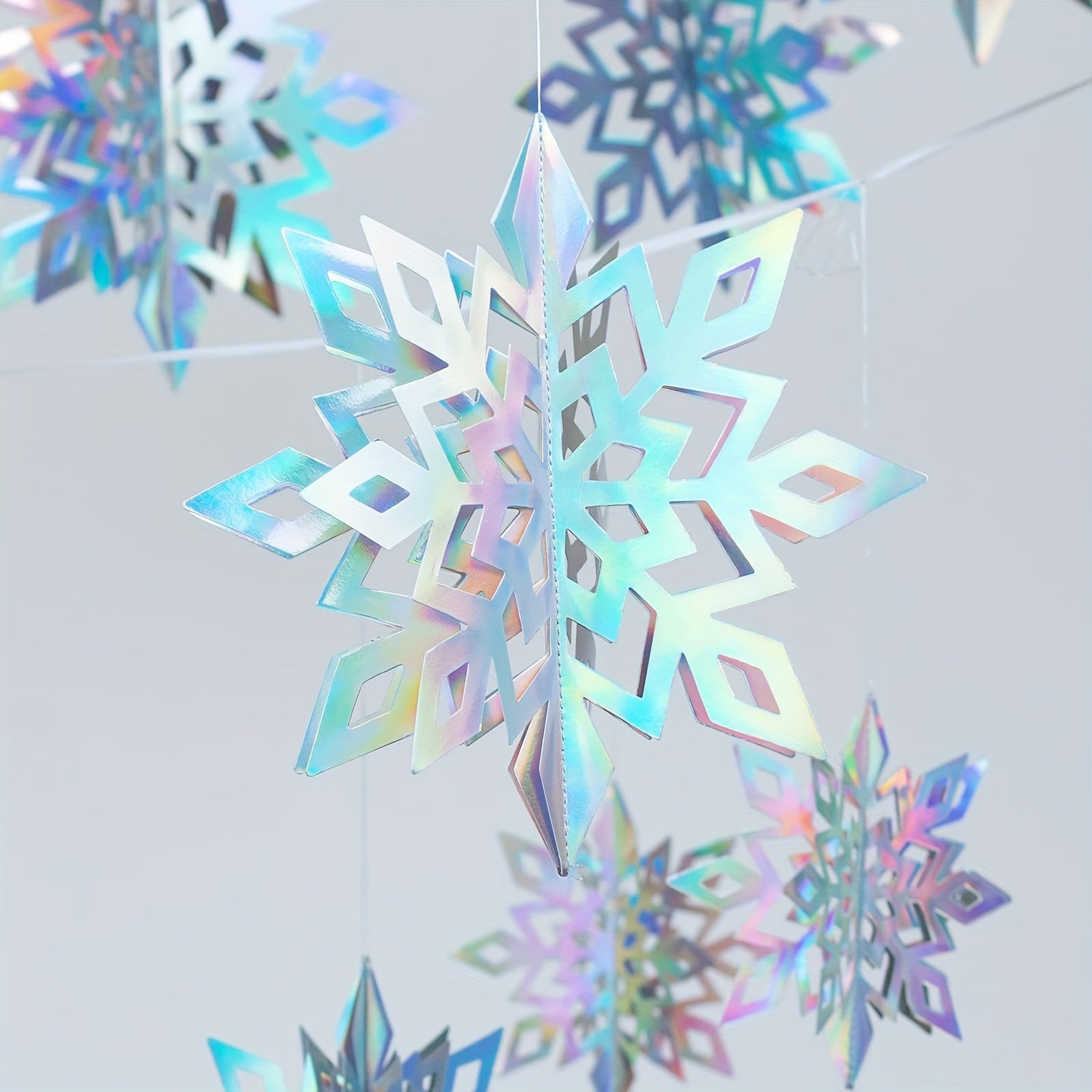 6pcs Christmas Hanging Snowflake Decorations - 3D Holographic Snowflake Decor