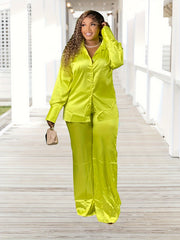 Plus Size Solid Button Up Blouse & Pants Set