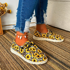 Leopard & Sunflower Print Canvas Lace-up Low Top Shoes Lightweight Outdoor