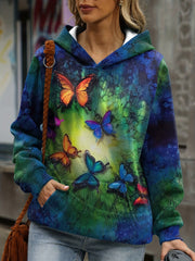 Butterfly Print Kangaroo Pocket Hoodie Long Sleeve Sweatshirt