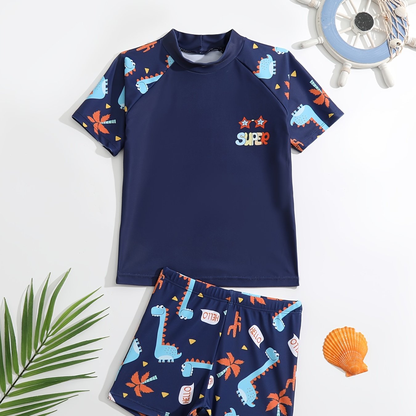 Boys Dino Swim Suit Trunks & Tops Short Sleeves Quick Dry Casual Kids Clothes