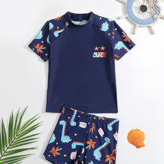Boys Dino Swim Suit Trunks & Tops Short Sleeves Quick Dry Casual Kids Clothes