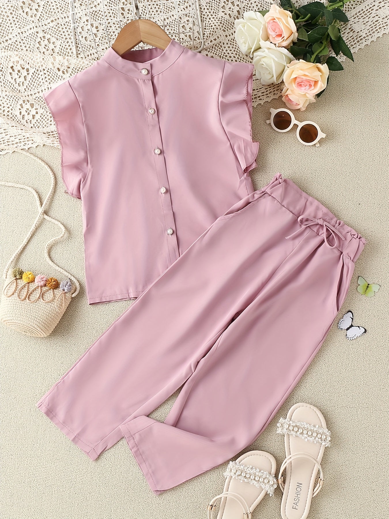 2pcs Toddler Girls Flutter Sleeve Button Blouse & Bow Wide Leg Pants Set