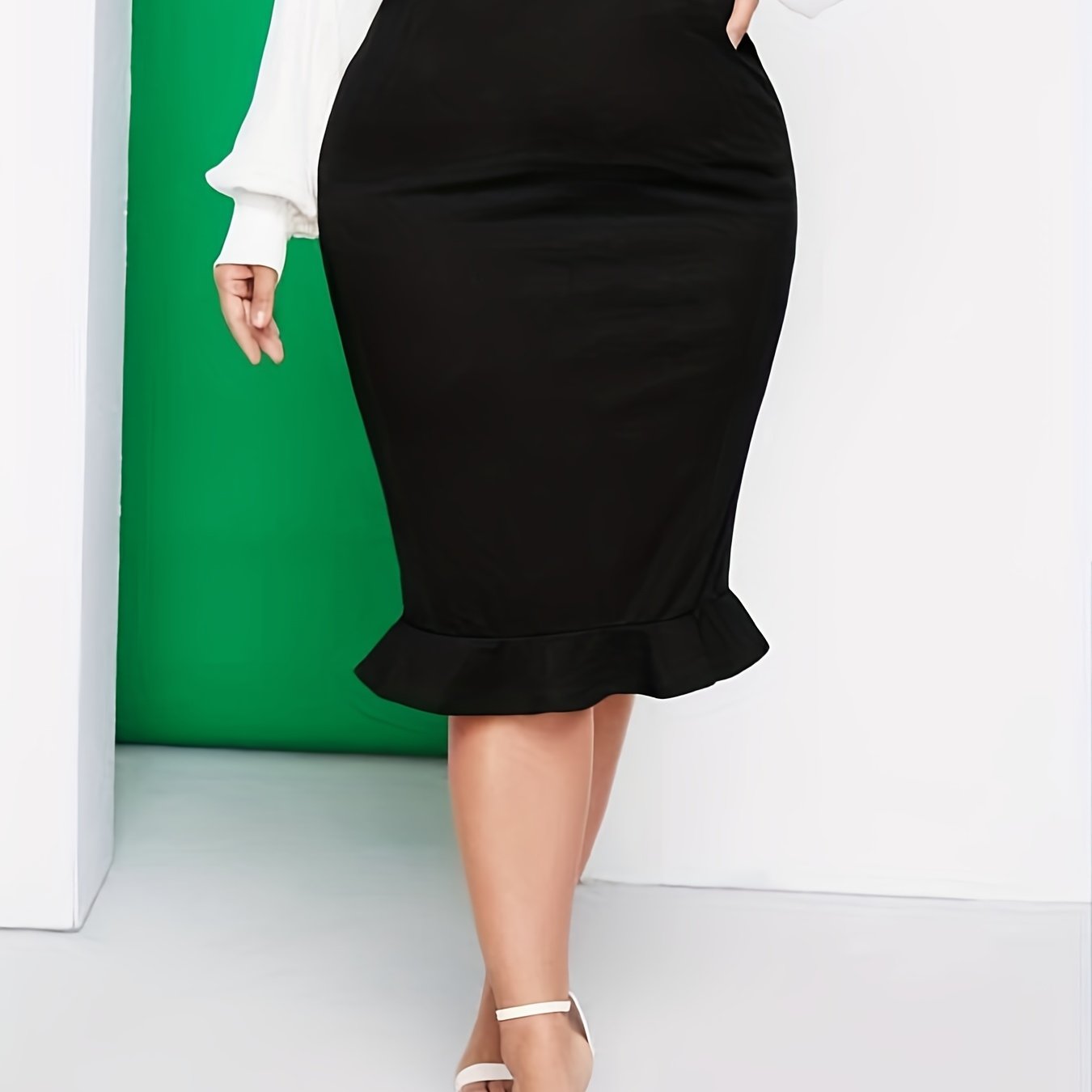 Solid High Rise Ruffle Trim Midi Skirt