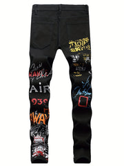 Boys Graffiti Letter Print Stretch Jeans Skinny Slim Fit Denim