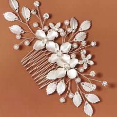 Bride Wedding Flower Hair Comb Silvery Faux Pearl Headpiece