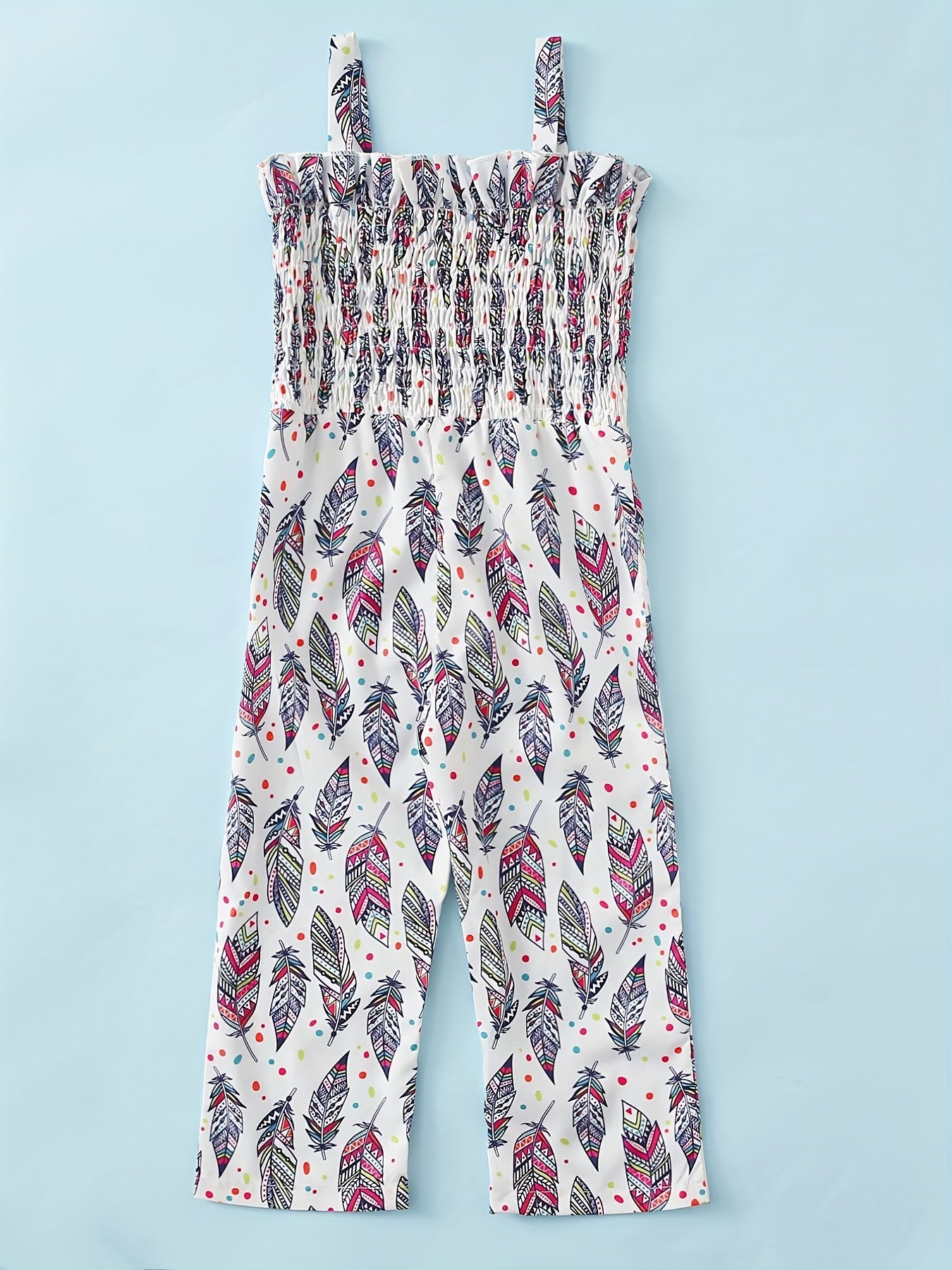 Girls Vintage Leaf Print Spaghetti Strap Jumpsuit