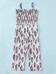Girls Vintage Leaf Print Spaghetti Strap Jumpsuit