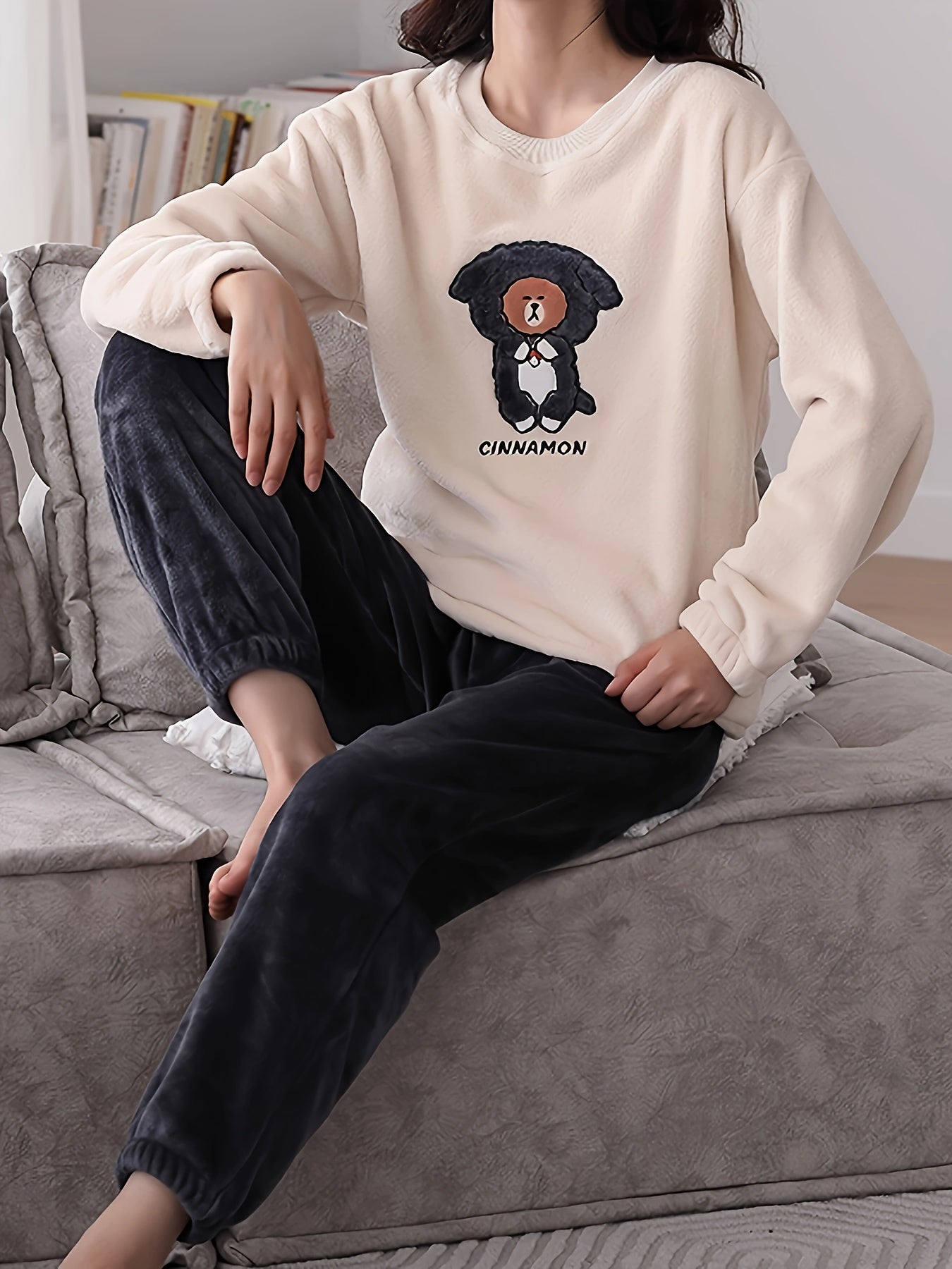 Bear Print Fuzzy Lounge Set Long Sleeve Top & Elastic Waistband Pants