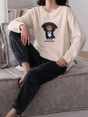 Bear Print Fuzzy Lounge Set Long Sleeve Top & Elastic Waistband Pants